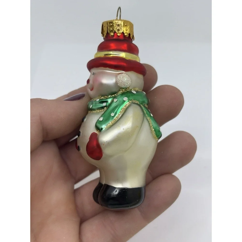 Christmas Snowman Hand Crafted Glass Broom Hat Ornament Read*